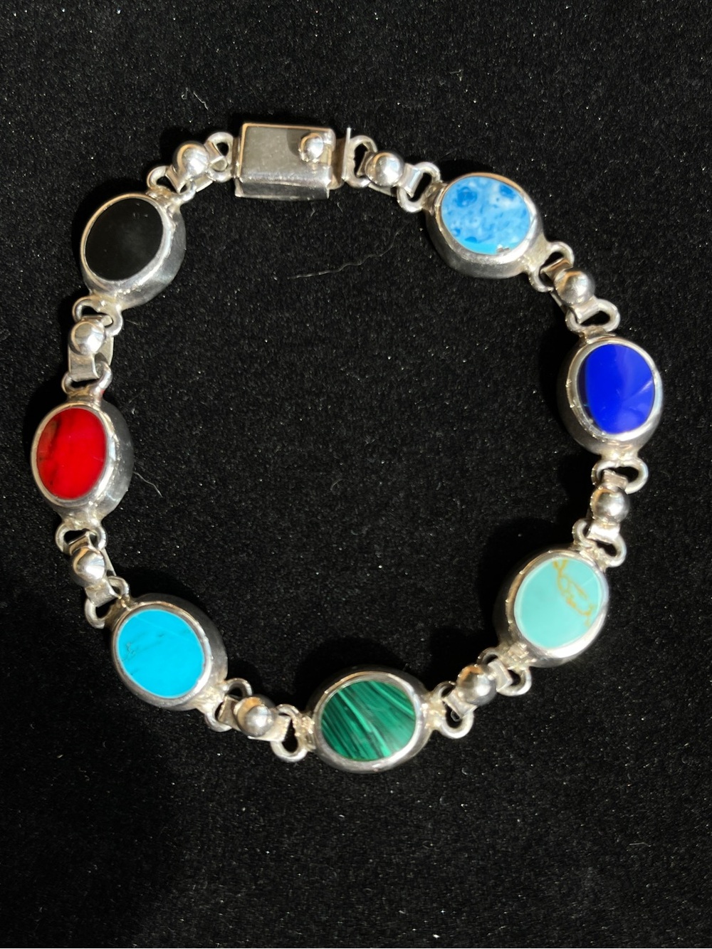Vintage Mexico Sterling Silver Gemstone Ovals Linked Bracelet 6.75”